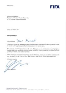 رسالة رئيس الفيفا لاحمد مجاهد