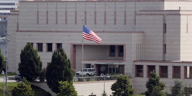 A view of the United States consulate building in Istanbul, Monday, Aug. 10, 2015. Two assailants opened fire at the building in Istanbul on Monday, touching off a gunfight with police, Turkish media reports said. The assailants fled the scene and no one was hurt in the attack.(AP Photo/Lefteris Pitarakis)