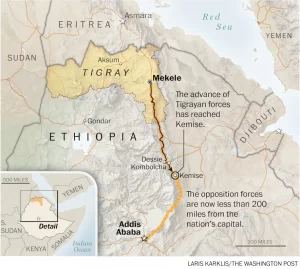 خريطة تحدد موقع مقاطعة تيغراي في شمال إثيوبيا