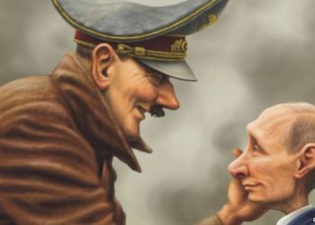 كاريكاتير للزعيم النازي أدولف هتلر وهو ينظر بفخر للرئيس الروسي