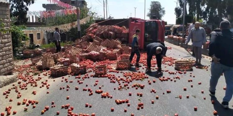 إصابة شخص في إنقلاب سيارة طماطم بالتل الكبير بالإسماعيلية