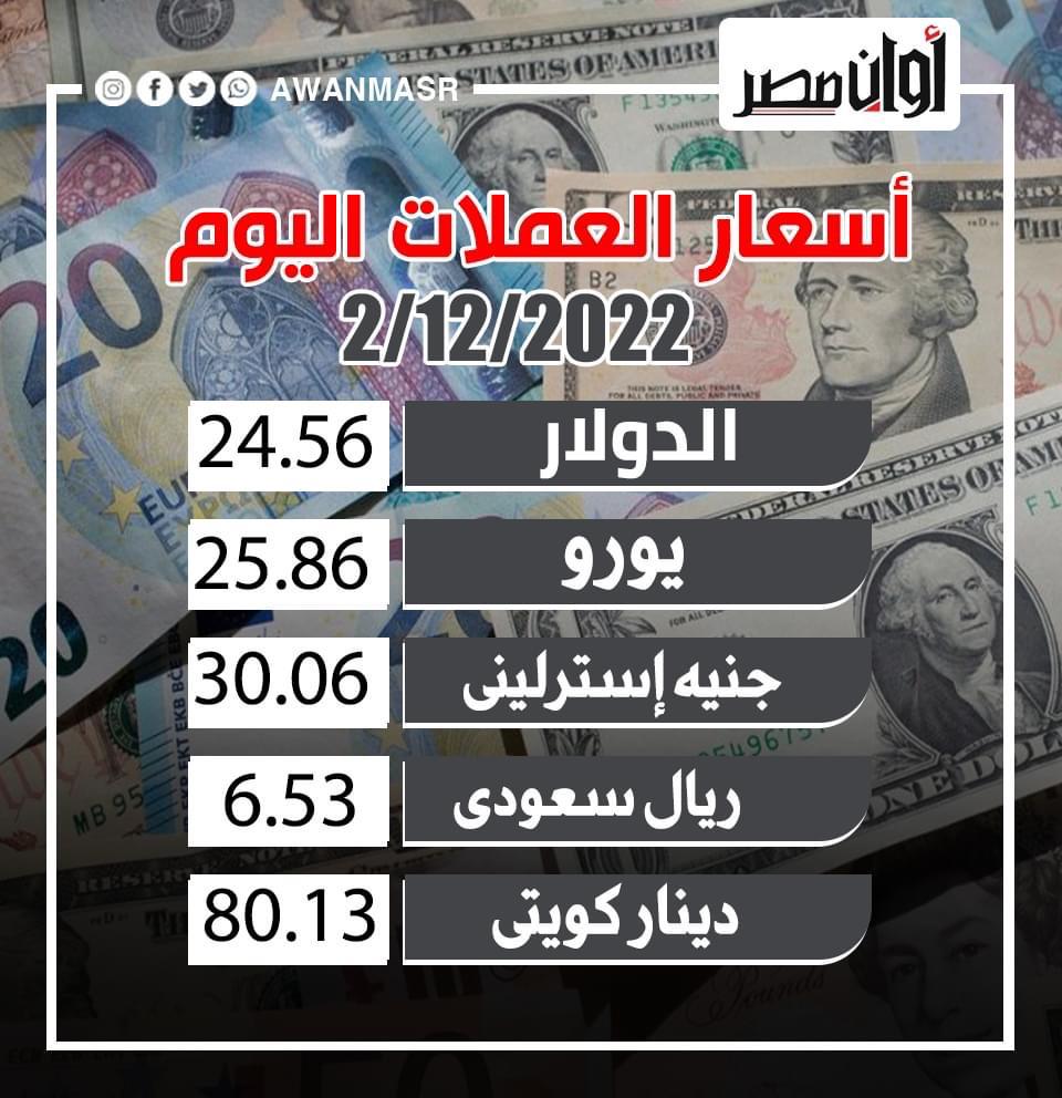 عاجل | أسعار العملات اليوم الجمعه 2/12/2022.. الدولار بـ 24.56 جنيهًا