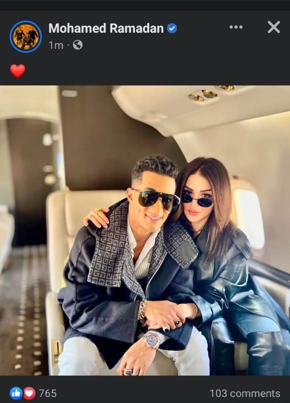 لقطة رومانسية.. محمد رمضان ينشر صورة مع زوجته من طائرته الخاصة 1