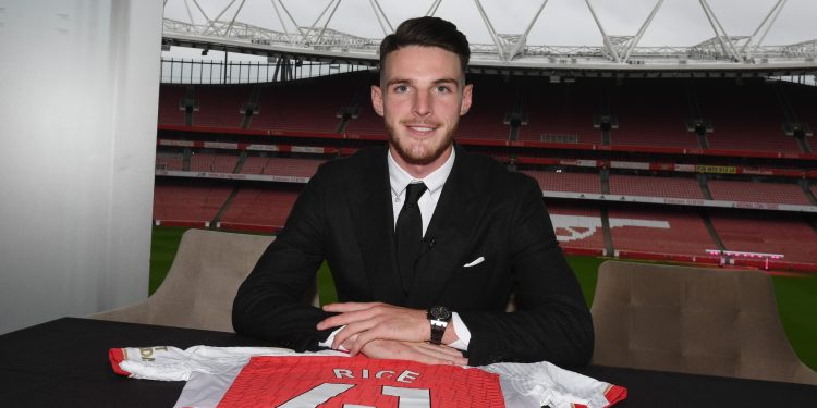 LONDON, ENGLAND - JULY 15: Arsenal unveil new signing Declan Rice at Emirates Stadium on July 15, 2023 in London, England. (Photo by Stuart MacFarlane/Arsenal FC via Getty Images)