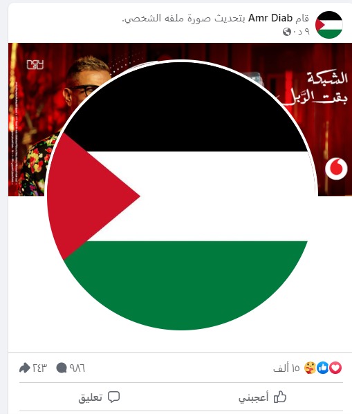 دعمًا لـ أهل غزة.. عمرو دياب يحدث صورته الشخصية بـ علم فلسطين على الفيس بوك 1