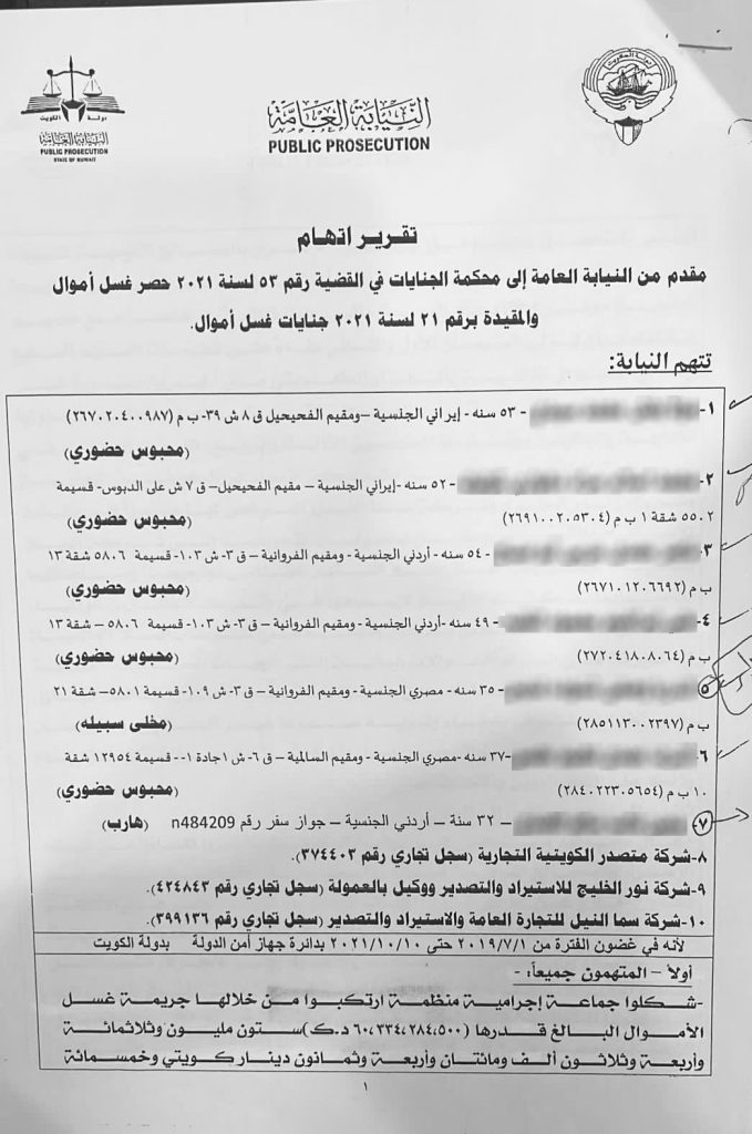 مصريان و3 أردنيين وإيرانيين يديرون شبكة غسل أموال في الكويت (مستندات) 1