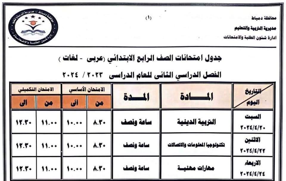 محافظة دمياط تعتمد جداول امتحانات الفصل الدراسي الثاني 9
