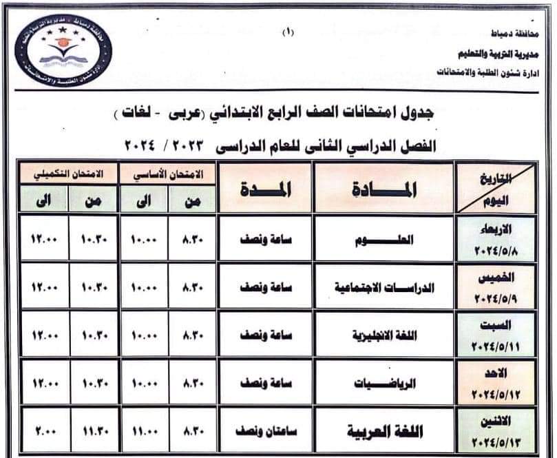 محافظة دمياط تعتمد جداول امتحانات الفصل الدراسي الثاني 7