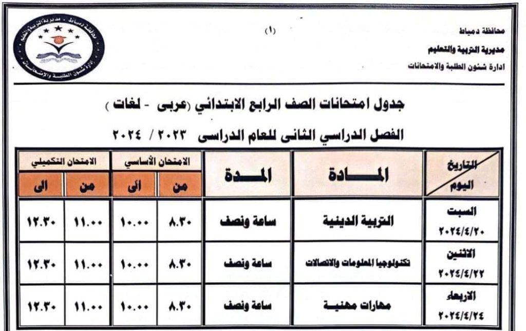 محافظة دمياط تعتمد جداول امتحانات الفصل الدراسي الثاني 5