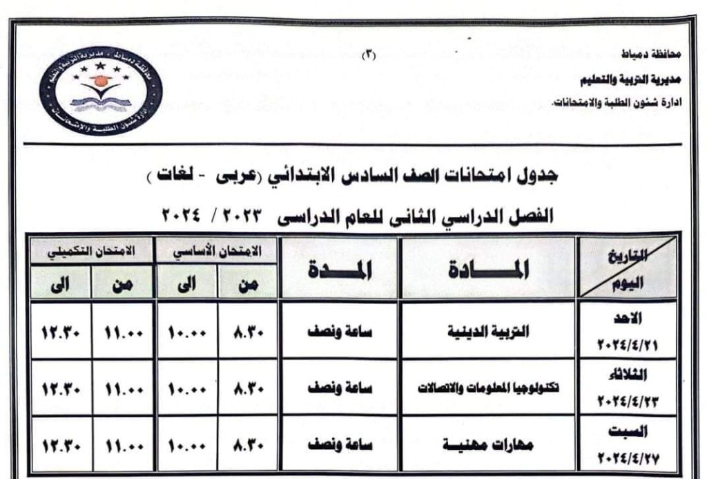 محافظة دمياط تعتمد جداول امتحانات الفصل الدراسي الثاني 4