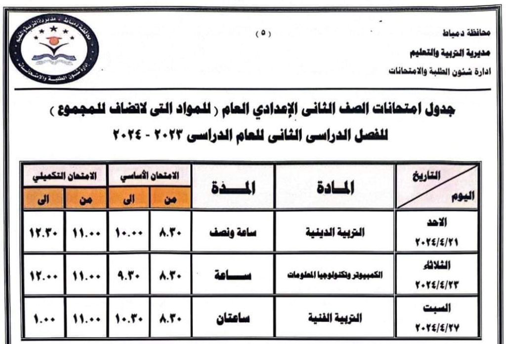 محافظة دمياط تعتمد جداول امتحانات الفصل الدراسي الثاني 1