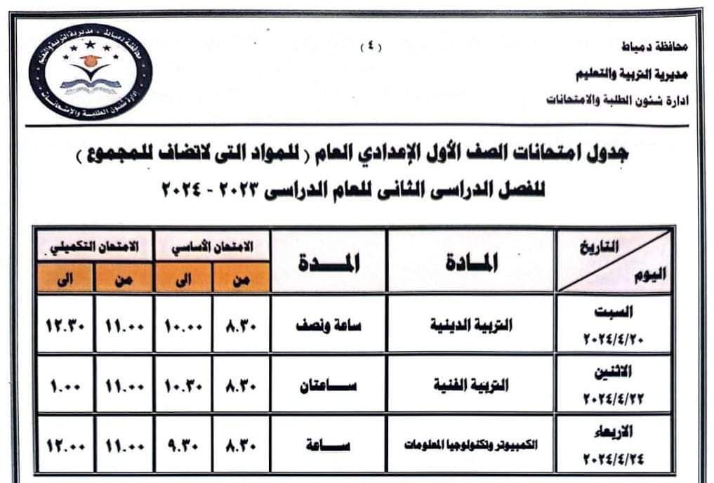 محافظة دمياط تعتمد جداول امتحانات الفصل الدراسي الثاني 10
